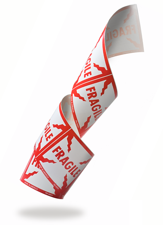 Fluorescent fragile handling label with high-tack adhesive for corrugated boxes